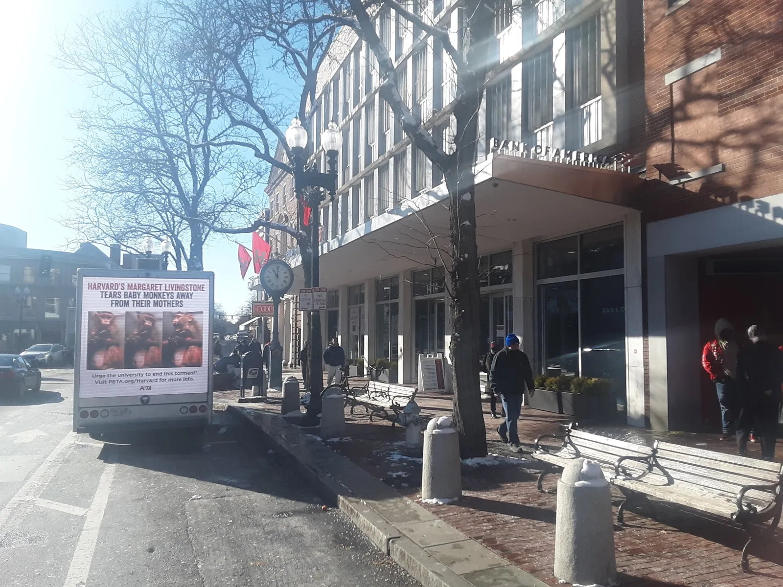 PETA LED billboard truck rear screen in Harvard Square, Cambridge MA with a message addressed to Harvard University