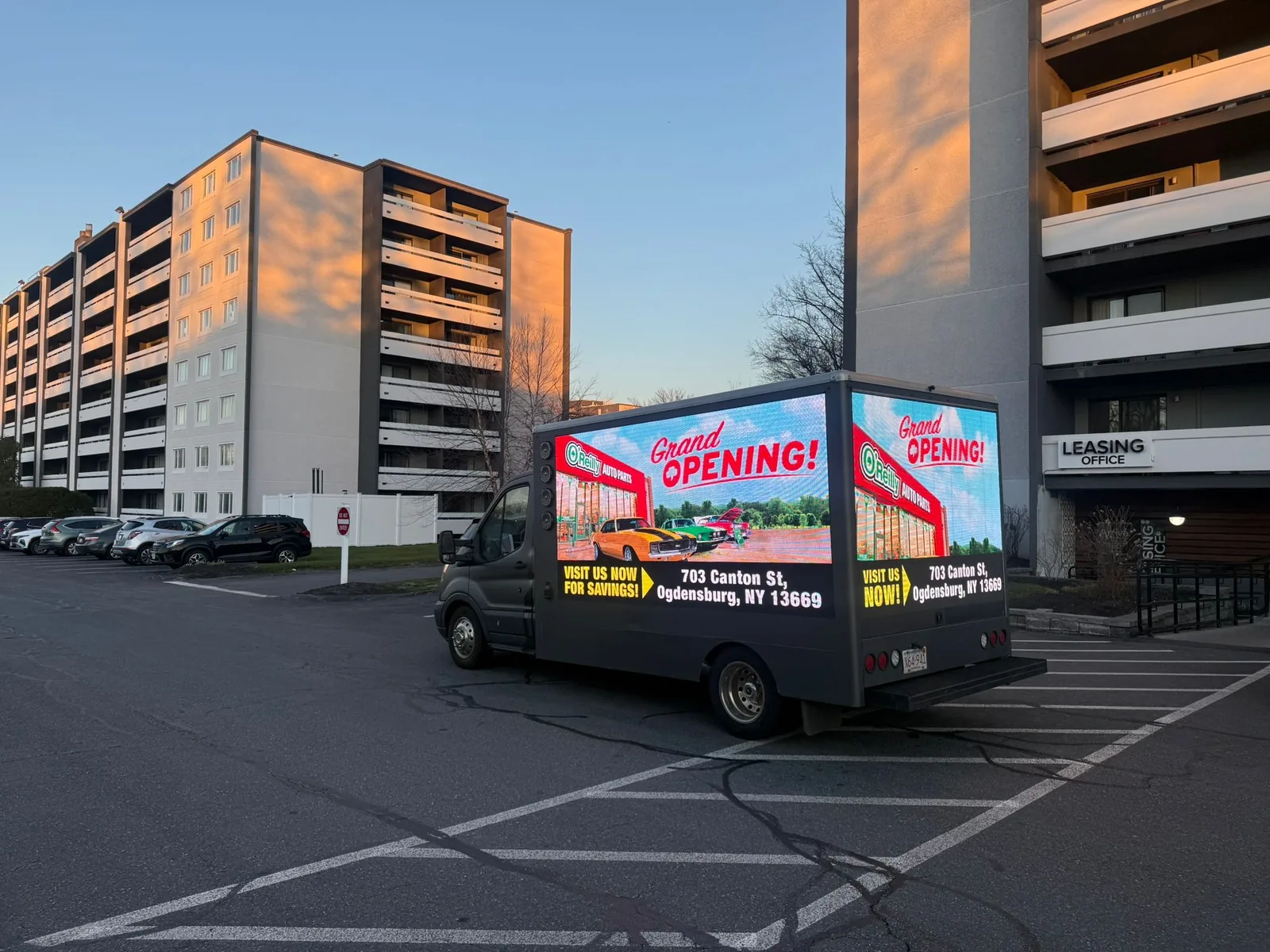 Rear 7 ft x 5 ft LED screen on the 2018 Spark Trucks Ford Transit 350 HD