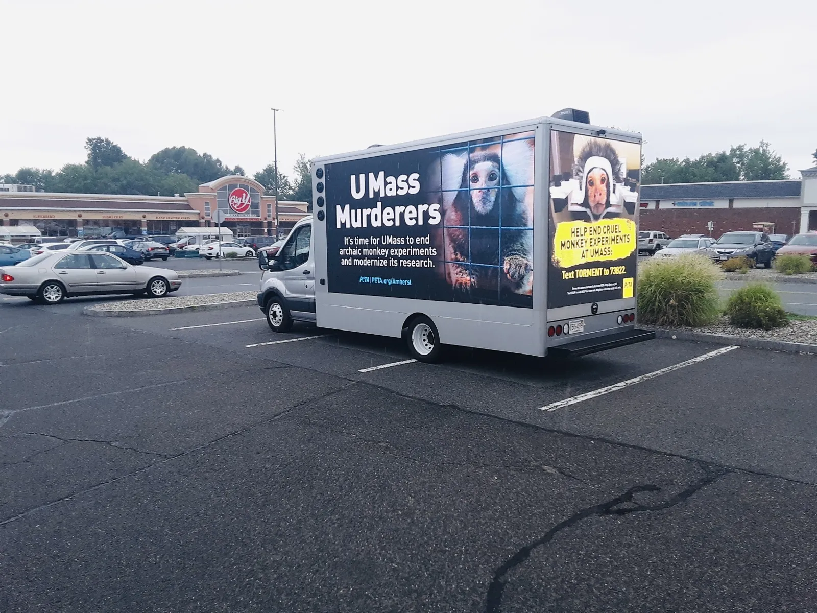 PETA mobile LED billboard truck parked in Amherst, Massachusetts with a message about monkey experiments at UMass
