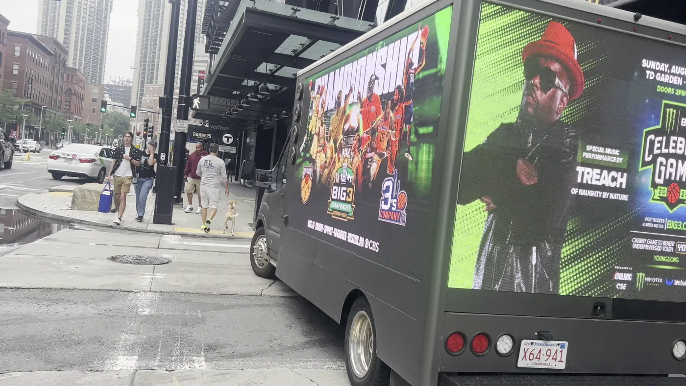 BIG3 Championship LED billboard truck advertising the TD Garden game outside North Station in Boston