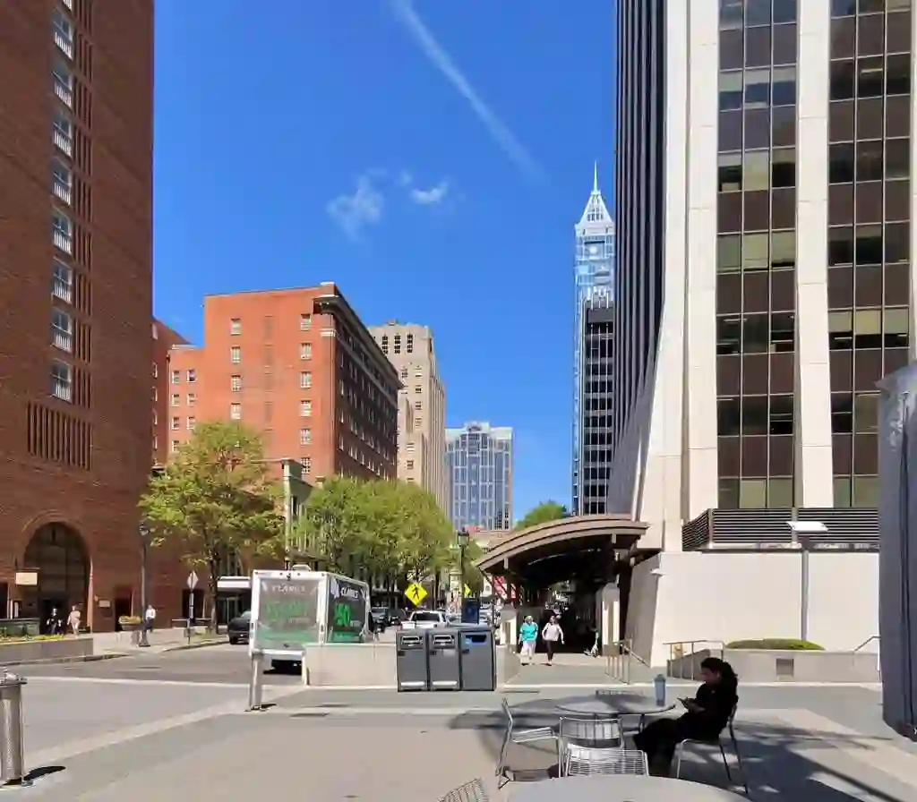 Clark's Pest Control mobile billboard truck on Fayetteville Street in downtown Raleigh near PNC Plaza