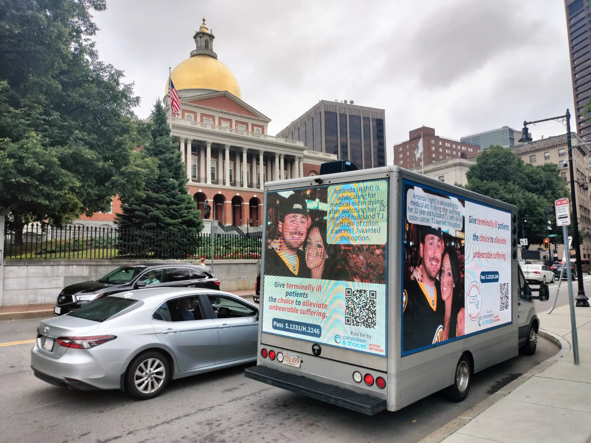 End of Life Options Massachusetts nonprofit advocacy LED billboard truck beside the Massachusetts State House in Boston