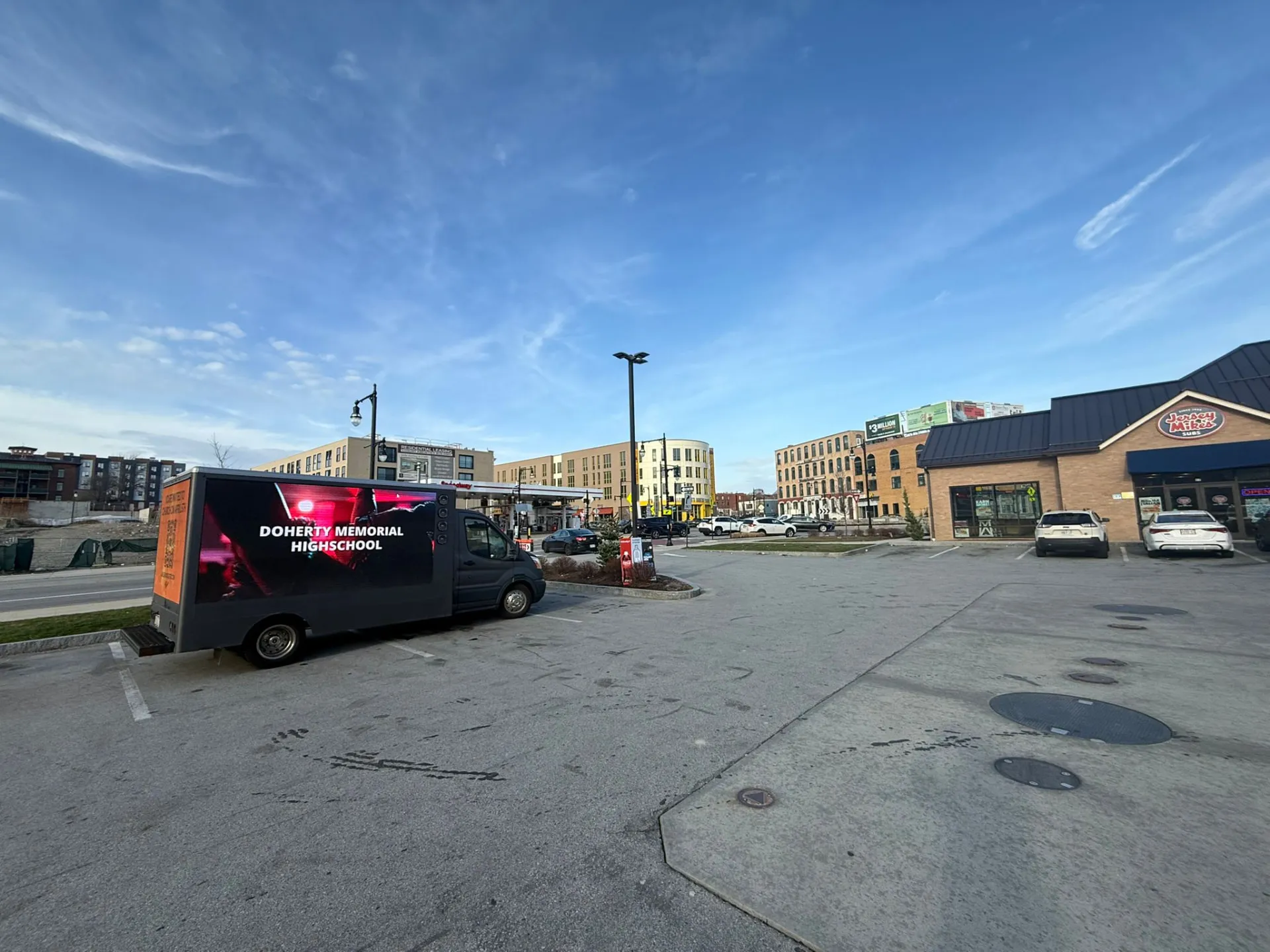 Faith community event promoted by an LED billboard truck in a busy Worcester Massachusetts commercial district