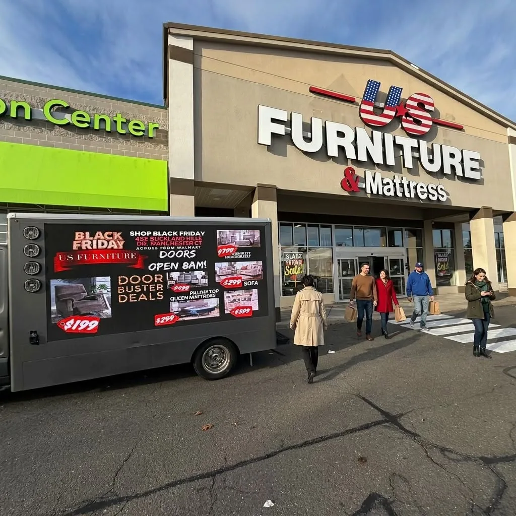 Black Friday furniture store LED billboard truck parked outside a retail plaza in Manchester, CT
