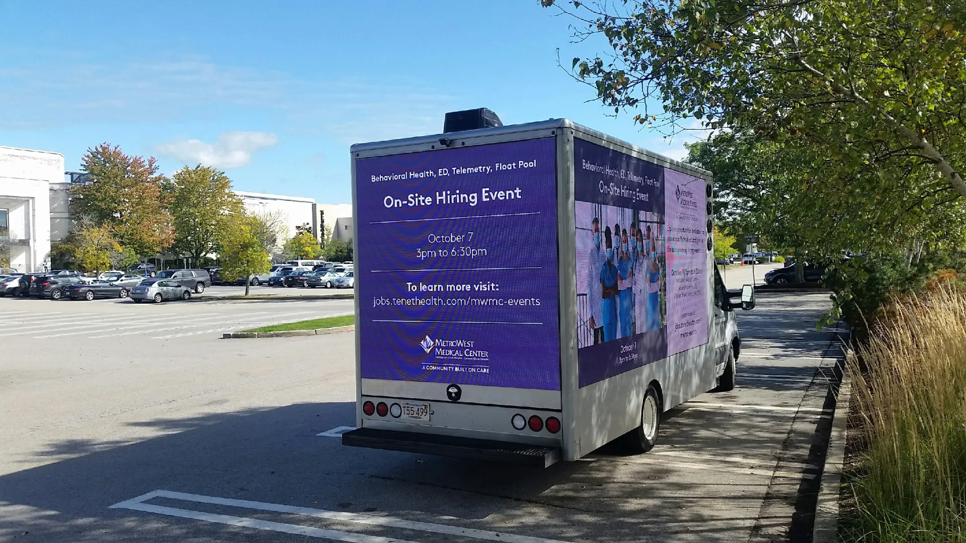 LED billboard truck advertising a MetroWest Medical Center on-site hiring event for behavioral health, ED, telemetry and float pool nurses in Framingham, MA