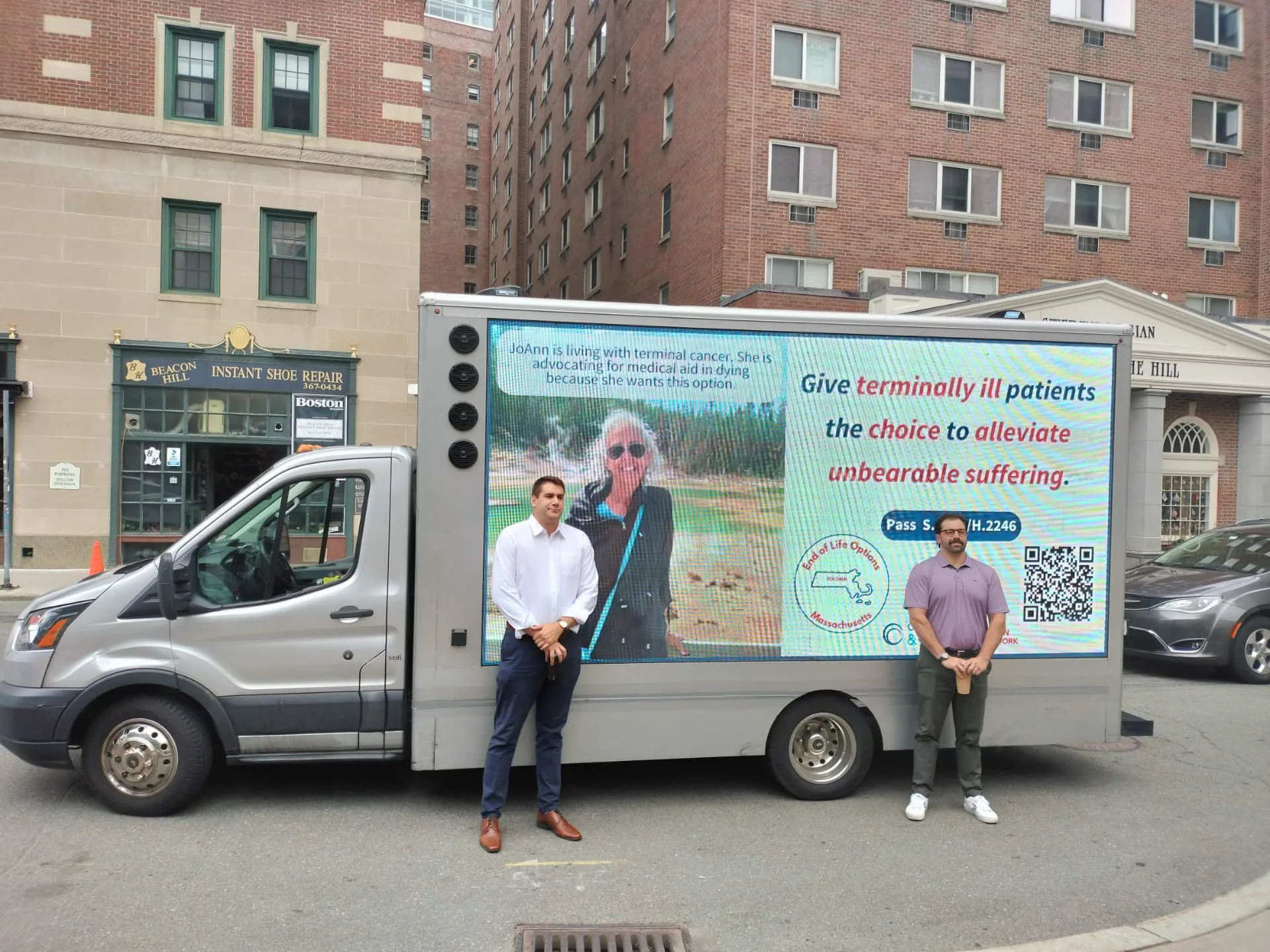 End of Life Options Massachusetts nonprofit advocacy LED billboard truck displaying JoAnn's patient story in Boston