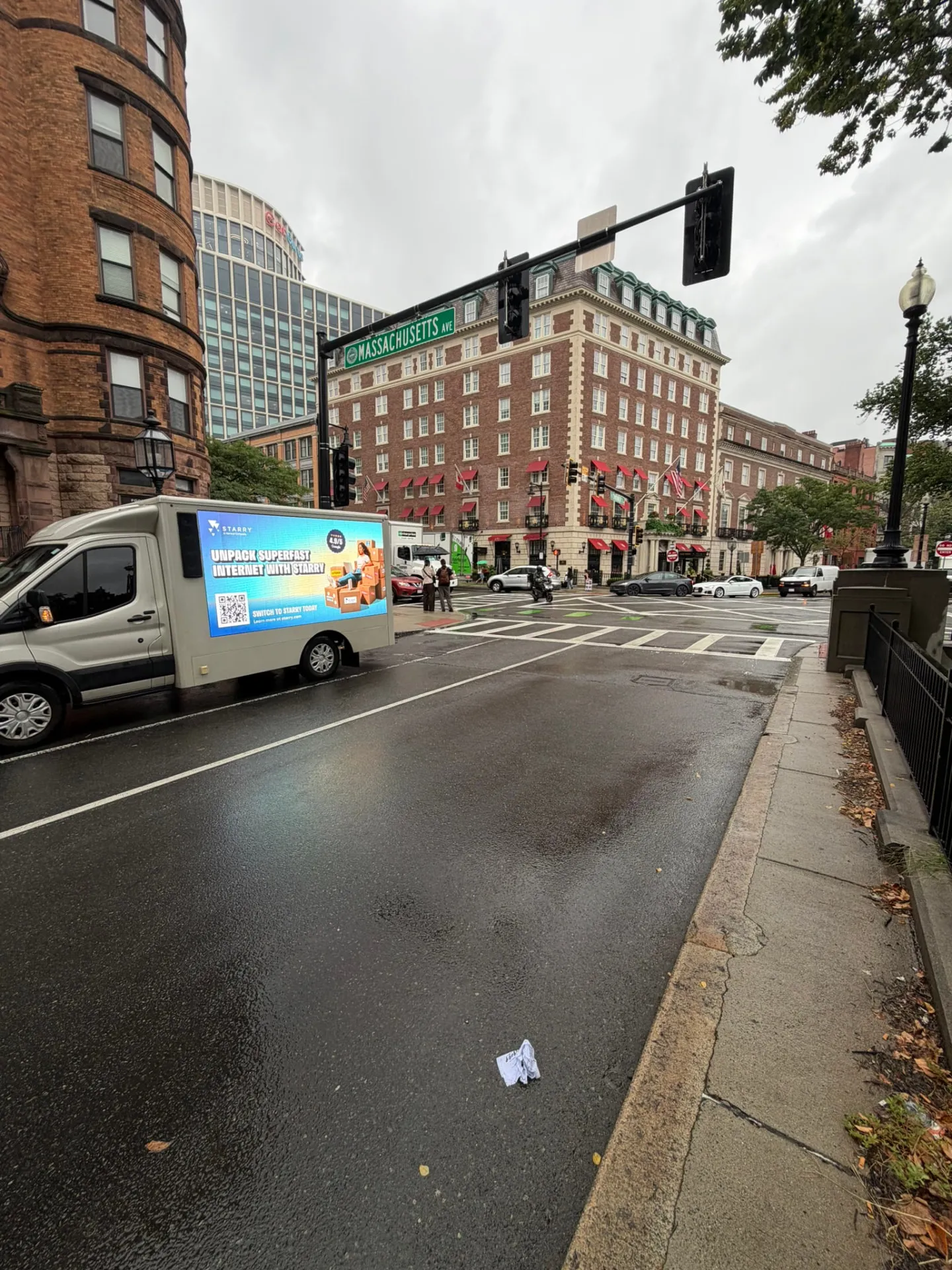 Starry mobile LED billboard truck stopped at the Massachusetts Avenue intersection in Boston