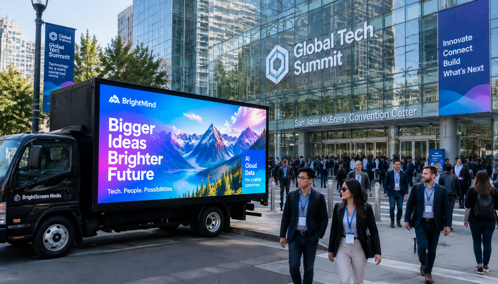 LED billboard truck displaying a digital advertisement outside a crowded glass convention center during a major trade show